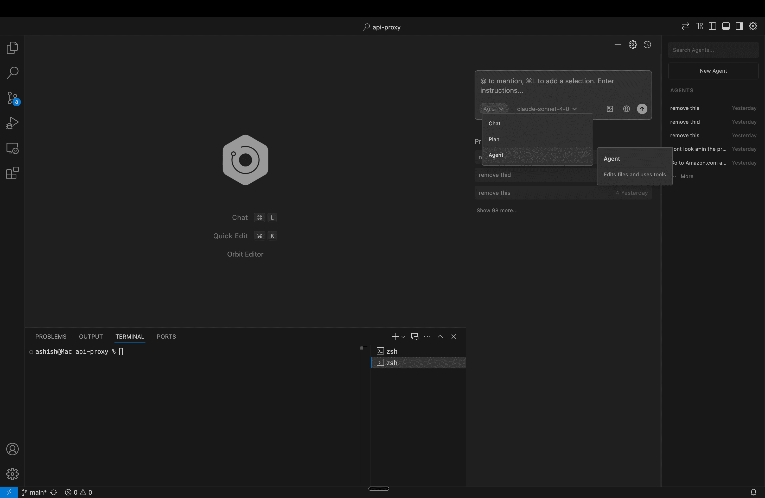 Orbit IDE Agent Mode showing task management and code generation